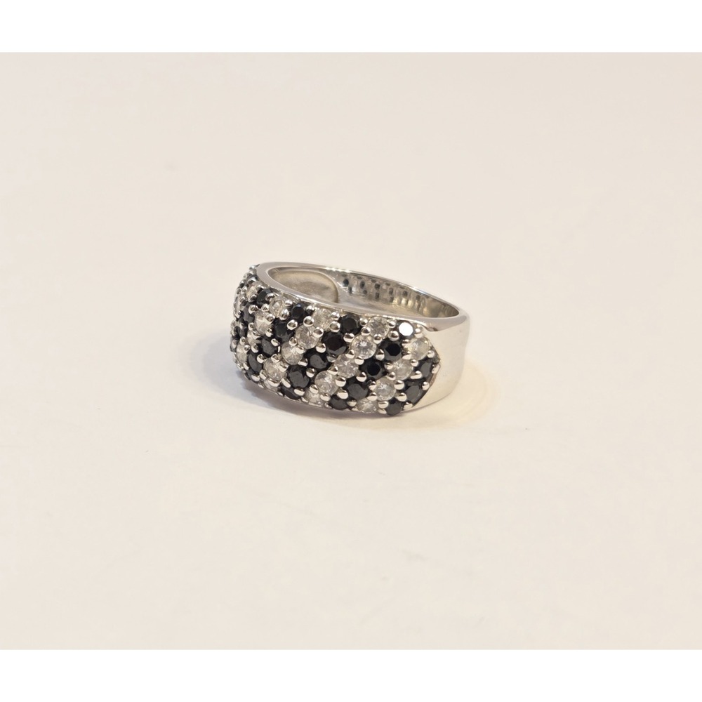 Vintage Sterling Silver & Striped Black & Clear Cubic Zirconia Ring Size 6